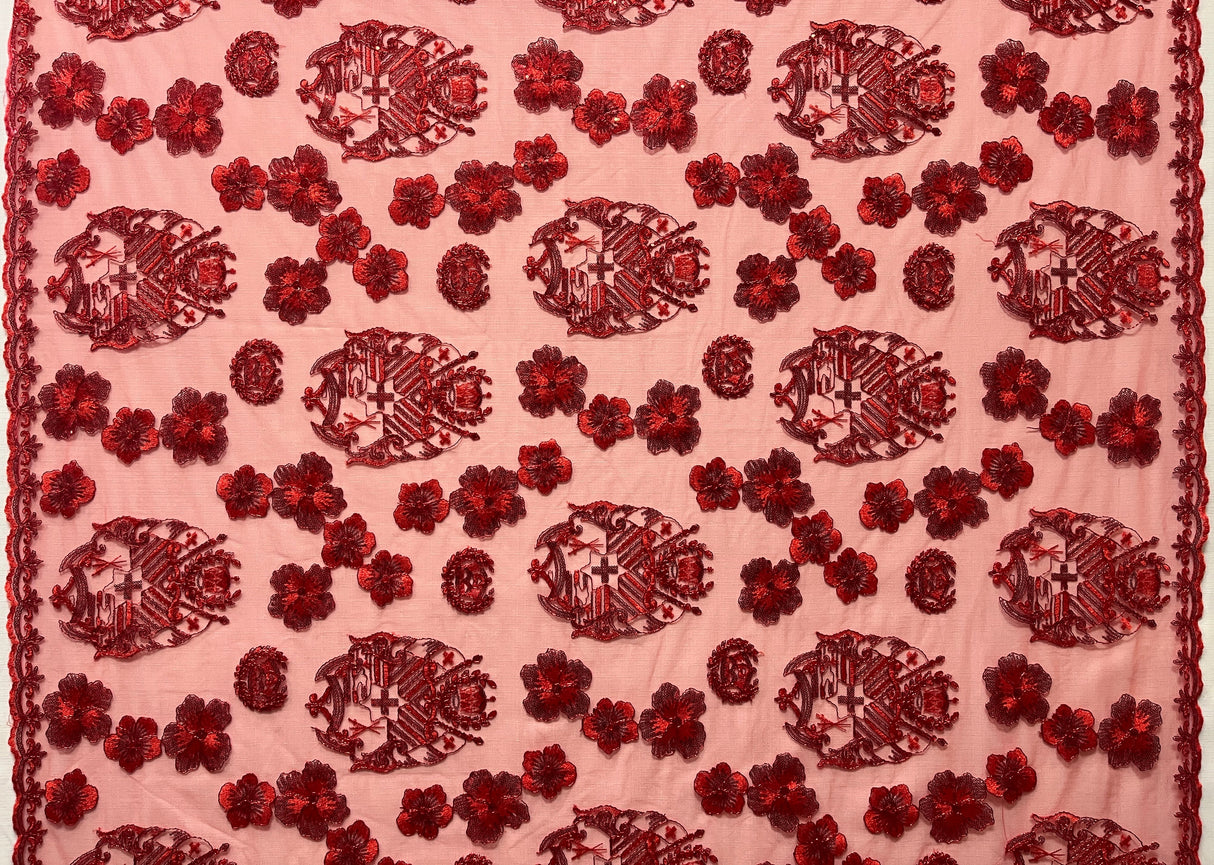 Hibiscus Tonga Seal Polyester Lace Fabric - Tonga Seal With Hibiscus Flowers, 50" Width, 36" Yard Cut (1 Yard)