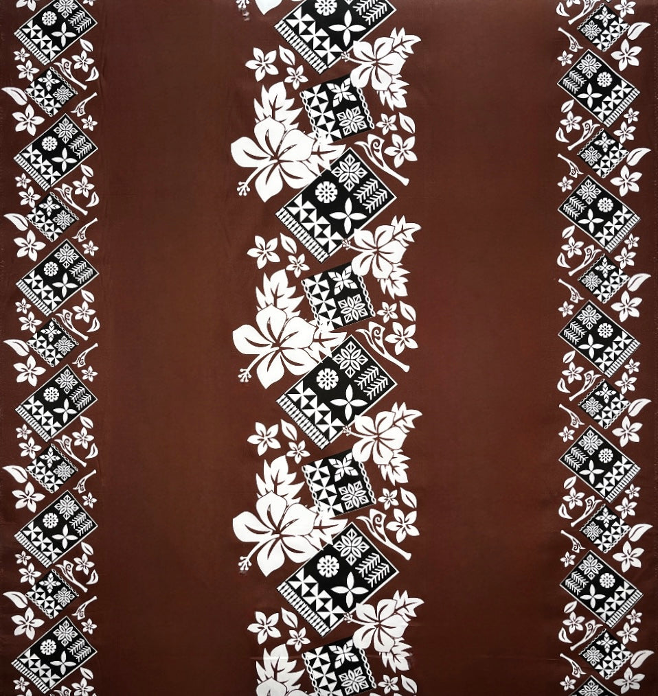 Hibiscus Tropical Leaves W Patches Of Traditional Tapa Double Border Polyester Fabric - Purple, Brown, Green, Blue, Red, Double Border, 45" Width (1 Yard)