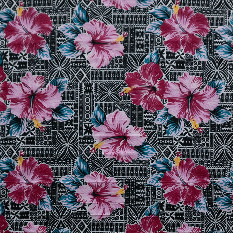 Polyester Fabric Hibiscus Flowers on Traditional Tapa