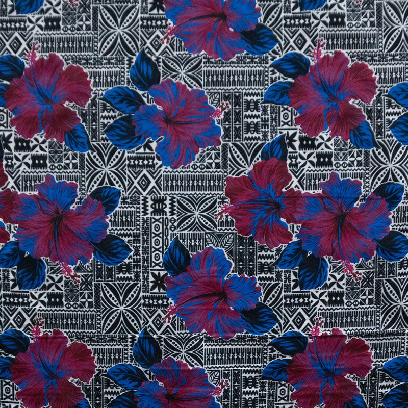 Polyester Fabric Hibiscus Flowers on Traditional Tapa