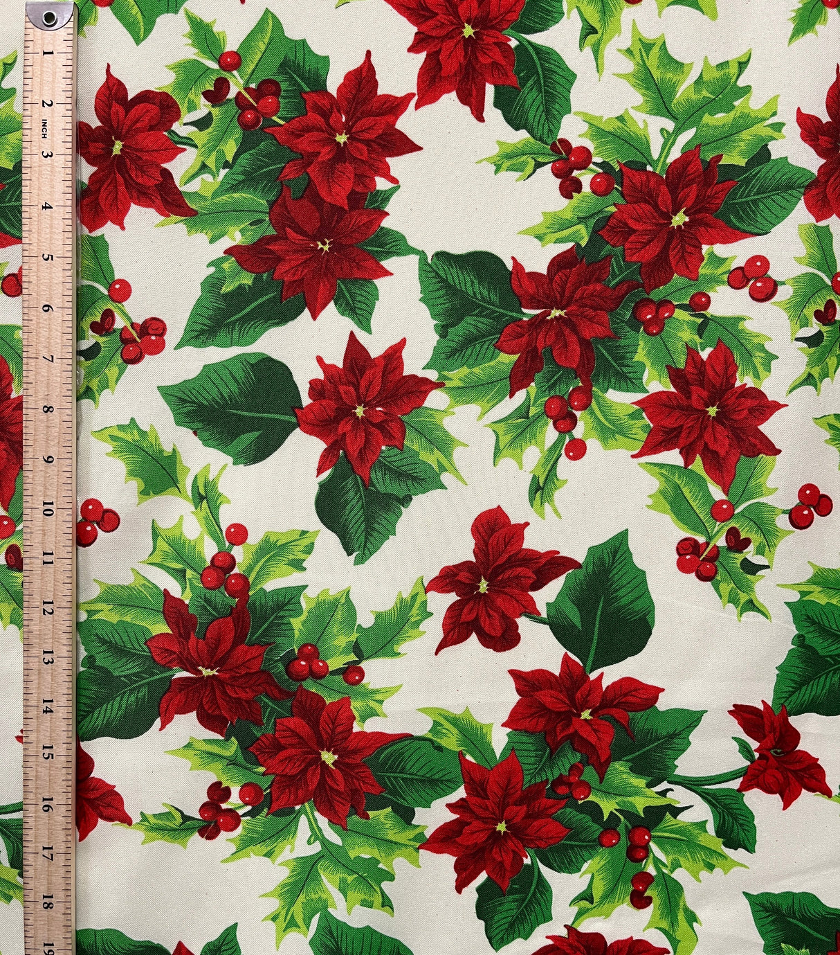 Holly Poinsettia Classic Polyester Fabric - Red Poinsettia And Holly Print, 58" Width (1 Yard)