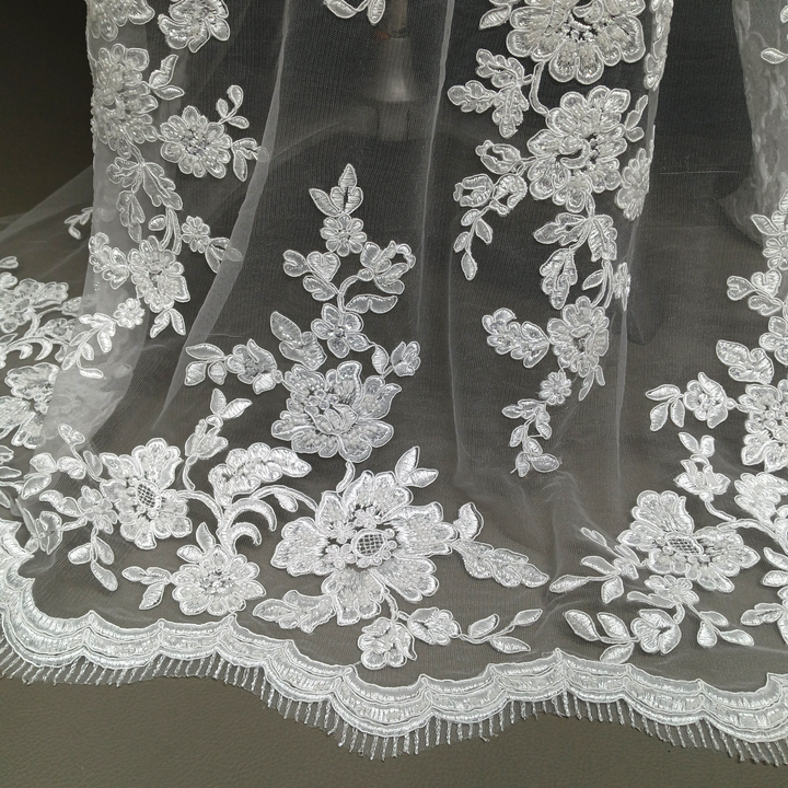 1 Yard Exquisite Beaded and Corded Bridal Lace Fabric Embroidered on 100% Polyester Net Mesh White