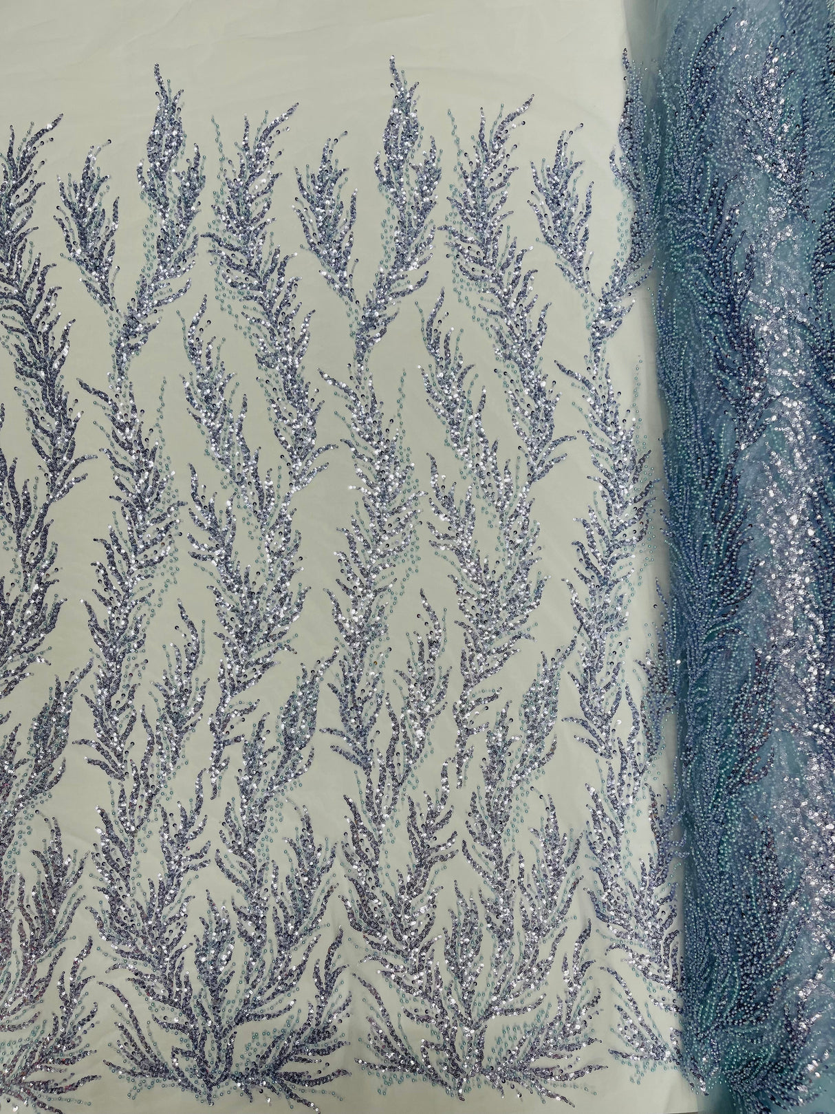 Vine Beaded Lace On Mesh Beaded Lace Fabric - Light Blue, White, Hunter Green, Nude, Clear Pink, Gold, Lavender, 54" Width (1 Yard)