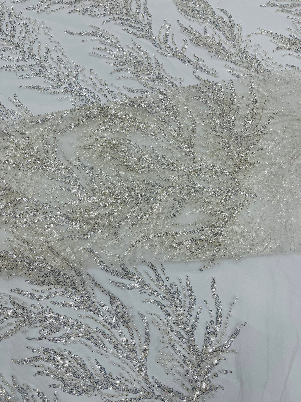 Vine Beaded Lace On Mesh Beaded Lace Fabric - Light Blue, White, Hunter Green, Nude, Clear Pink, Gold, Lavender, 54" Width (1 Yard)