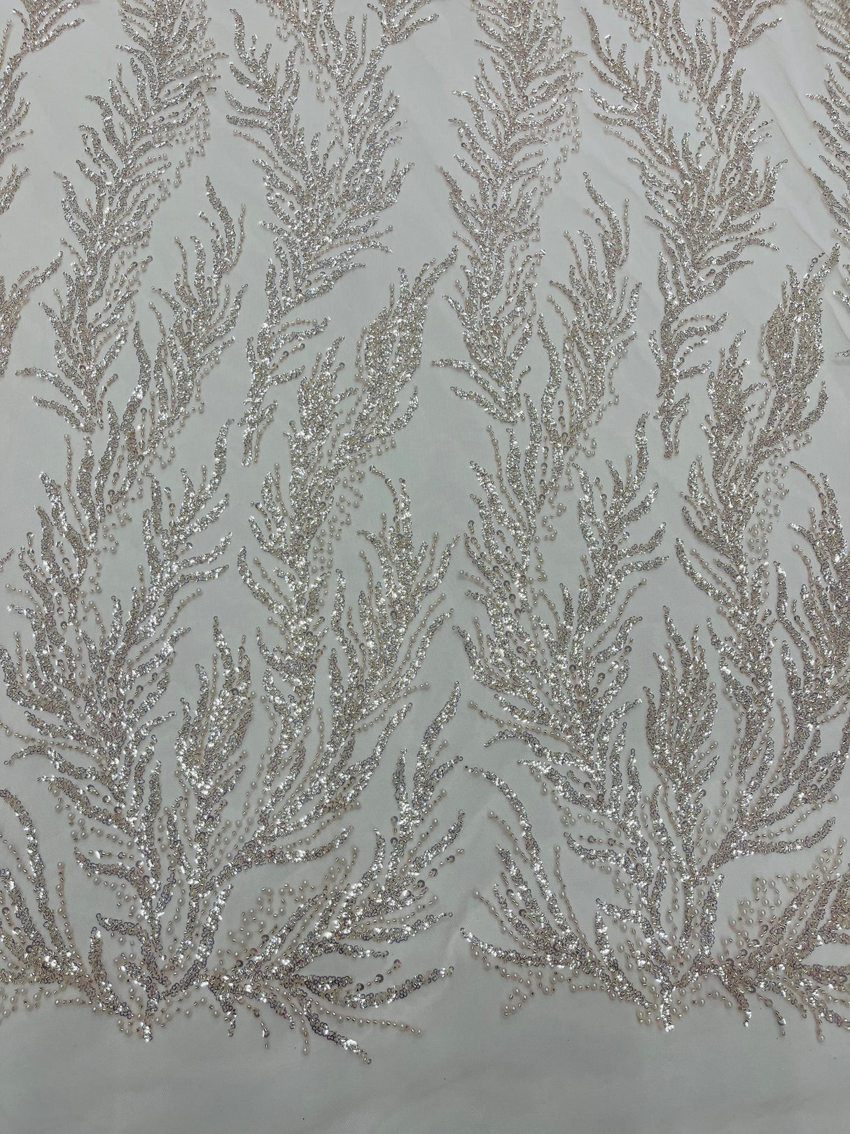 Vine Beaded Lace On Mesh Beaded Lace Fabric - Light Blue, White, Hunter Green, Nude, Clear Pink, Gold, Lavender, 54" Width (1 Yard)