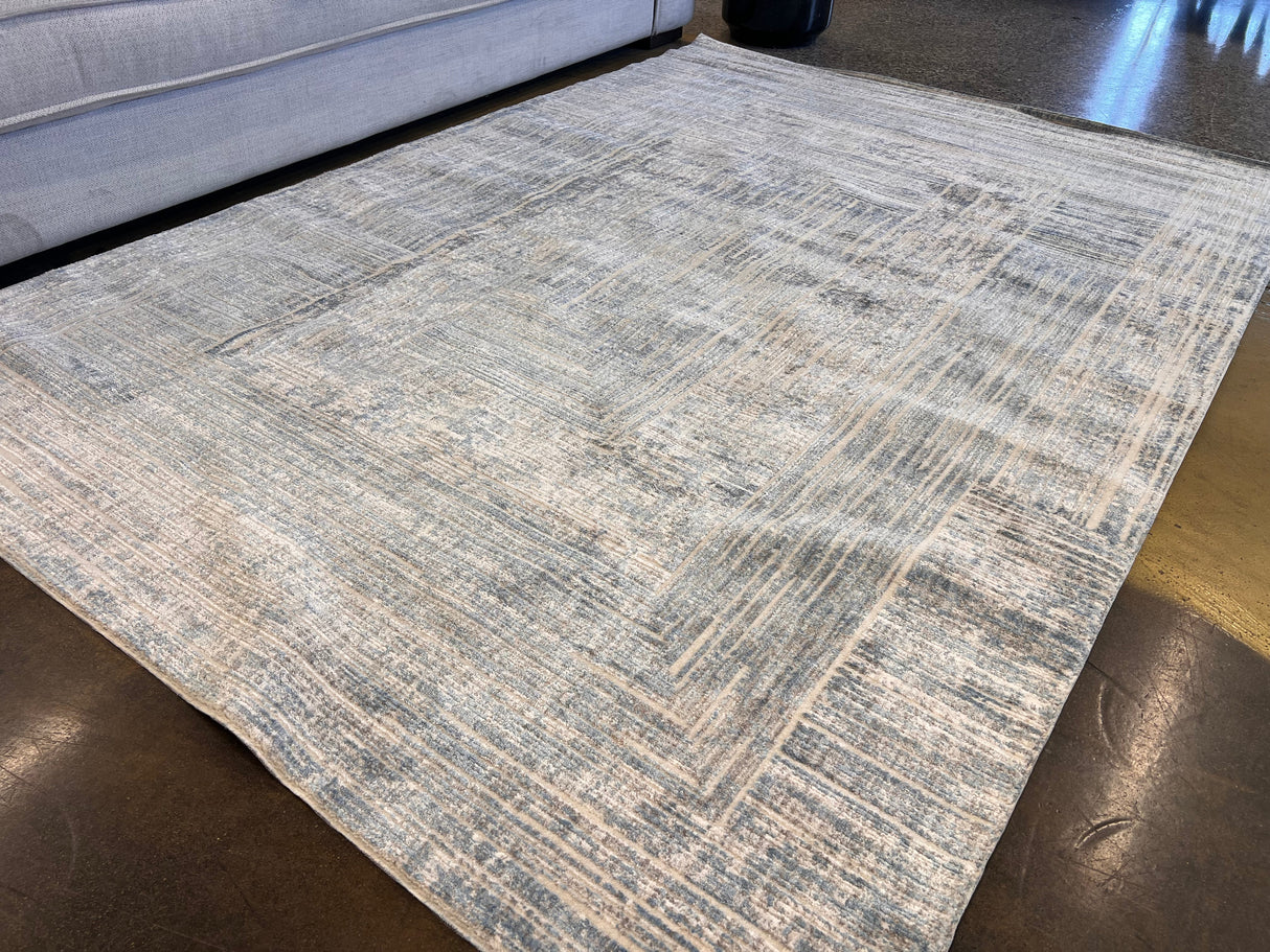 KAI 302 Polyester Fabric - Cream Geometric Blue, Silver, Charcoal Accents, High-Low Texture (1 Unit)