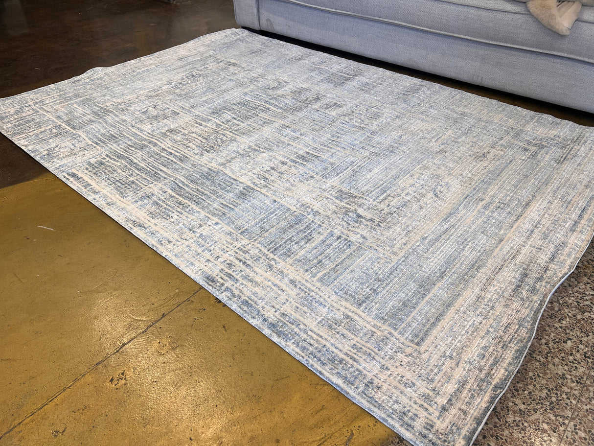 KAI 302 Polyester Fabric - Cream Geometric Blue, Silver, Charcoal Accents, High-Low Texture (1 Unit)