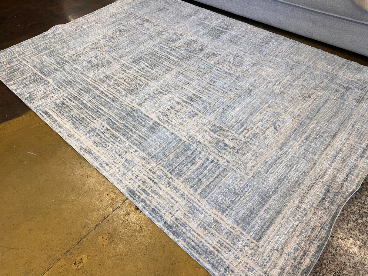 KAI 302 Polyester Fabric - Cream Geometric Blue, Silver, Charcoal Accents, High-Low Texture (1 Unit)