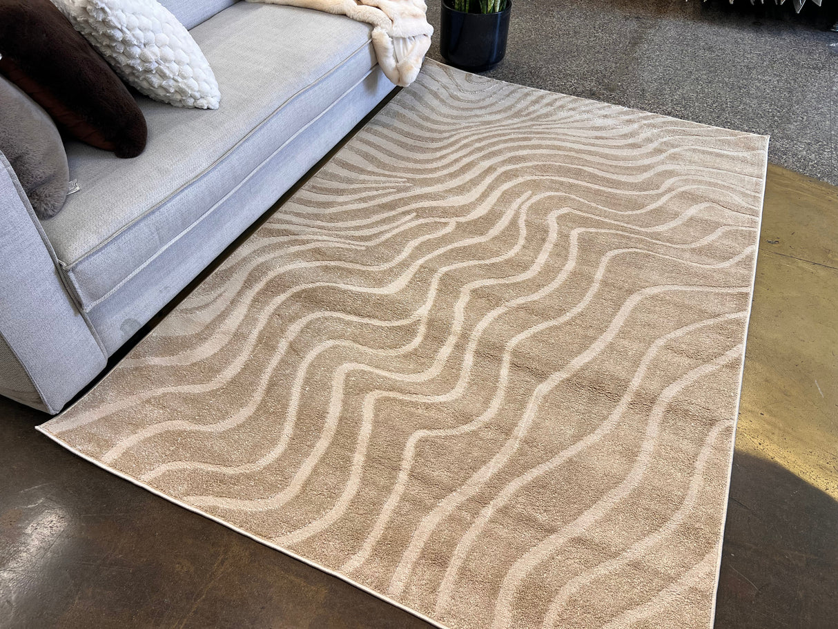 Cozy Mocha Waves Area Rug - Beige Tone-On-Tone Abstract, High-Low Texture, 5' 3" X 7' 4", 8' X 11", 10' X 13" (3 Sizes)