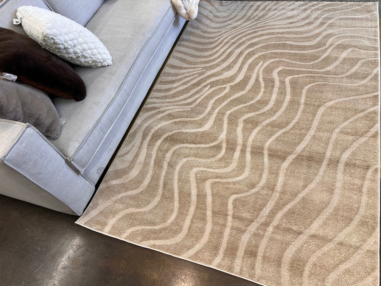 Cozy Mocha Waves Area Rug - Beige Tone-On-Tone Abstract, High-Low Texture, 5' 3" X 7' 4", 8' X 11", 10' X 13" (3 Sizes)