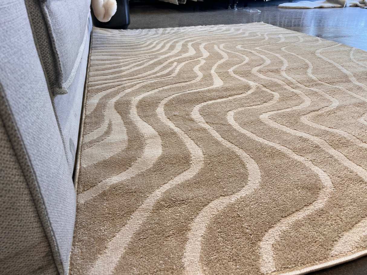 Cozy Mocha Waves Area Rug - Beige Tone-On-Tone Abstract, High-Low Texture, 5' 3" X 7' 4", 8' X 11", 10' X 13" (3 Sizes)