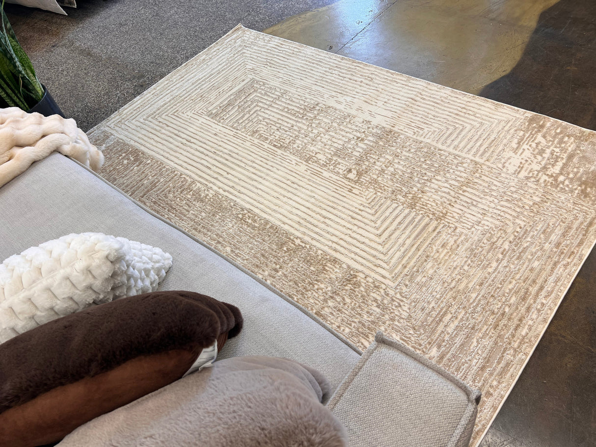 NUDE 21 Polyester Fabric - Geometric Linear Crème Beige, Warm Mocha Tone-On-Tone High-Low Texture, 5' 3" X 7' 4", 8' X 11", 10' X 13" (1 Unit)