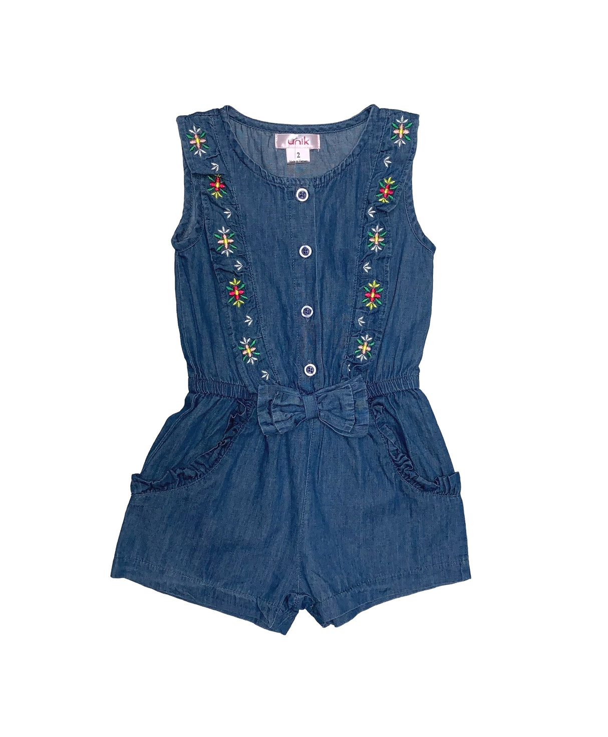 Girl Flower Embroidery Cotton Fabric - Light Chambray Floral Embroidery, Sizes 2-8 (1 Piece)
