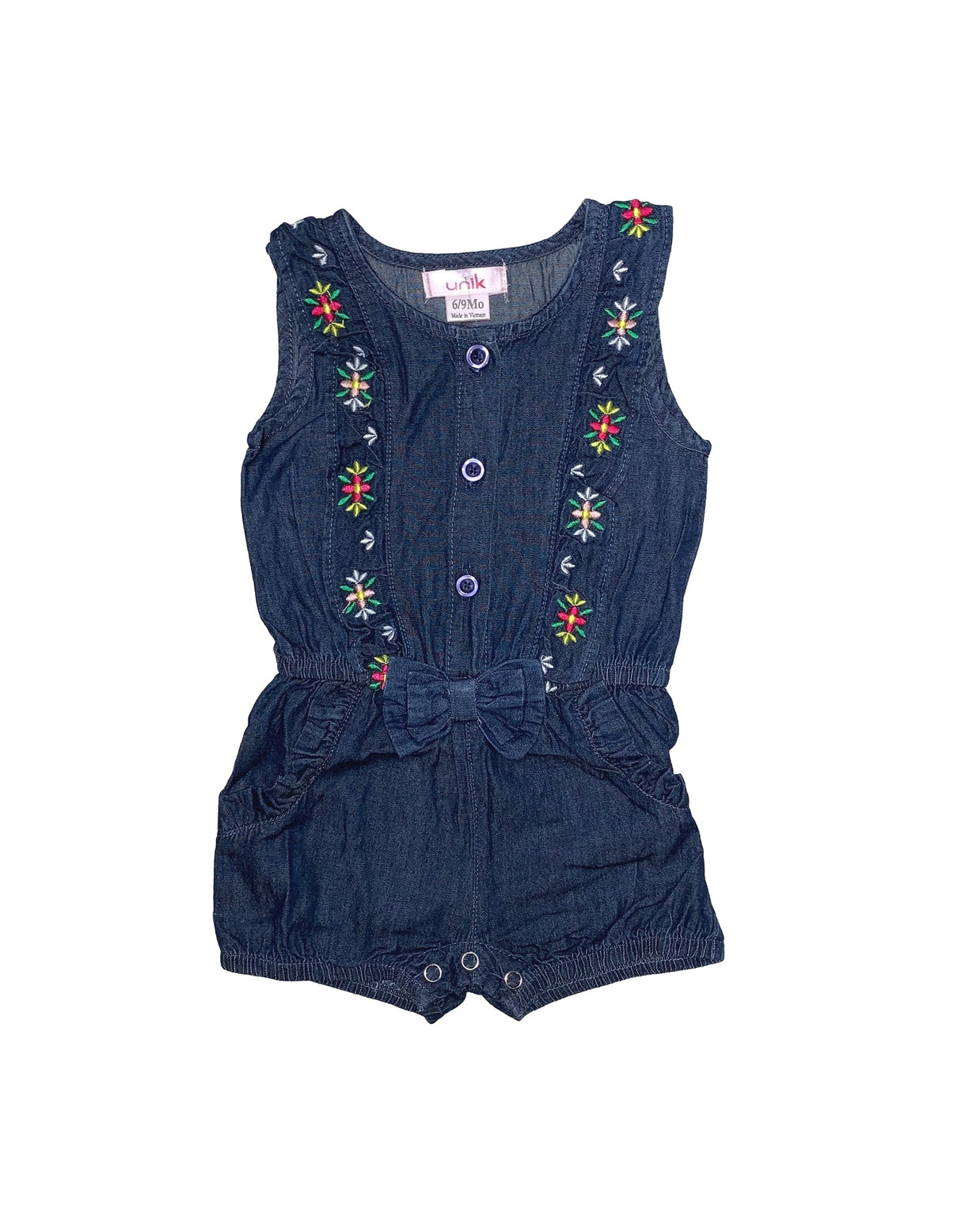 Girl Flower Embroidery Cotton Fabric - Chambray Floral Embroidery, 6M/9M-24M (1 Piece)