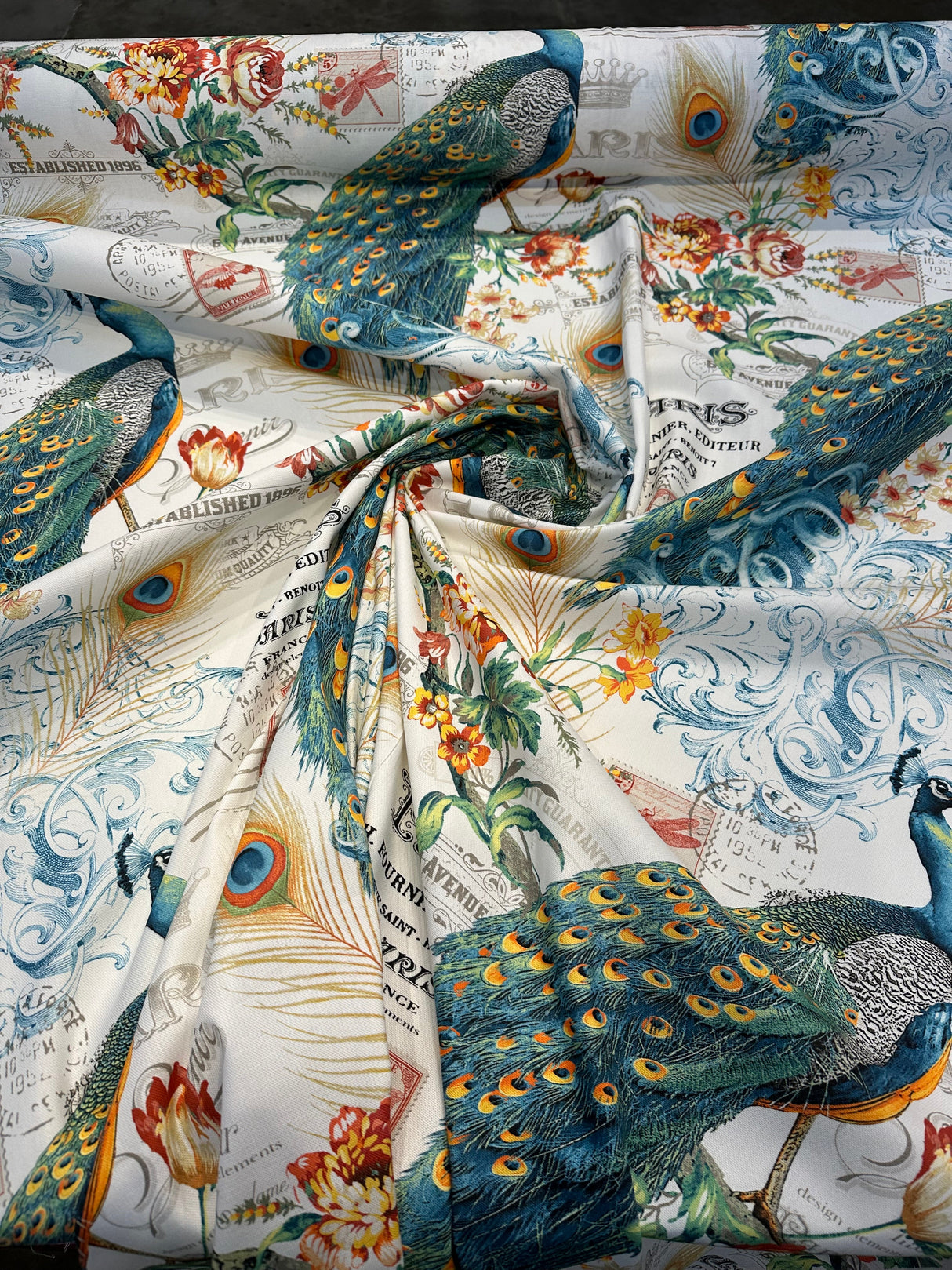 Teal Peacock Bird Floral Branches 100 Percent Cotton Fabric - Teal Green, Orange Peacock, Red Flowers, 54" Width (1 Yard)
