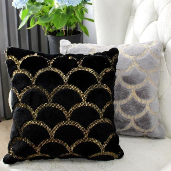 Golden Faux Fur Glow Fluffy Pillow with Shimmery Foil Illuminating Effect