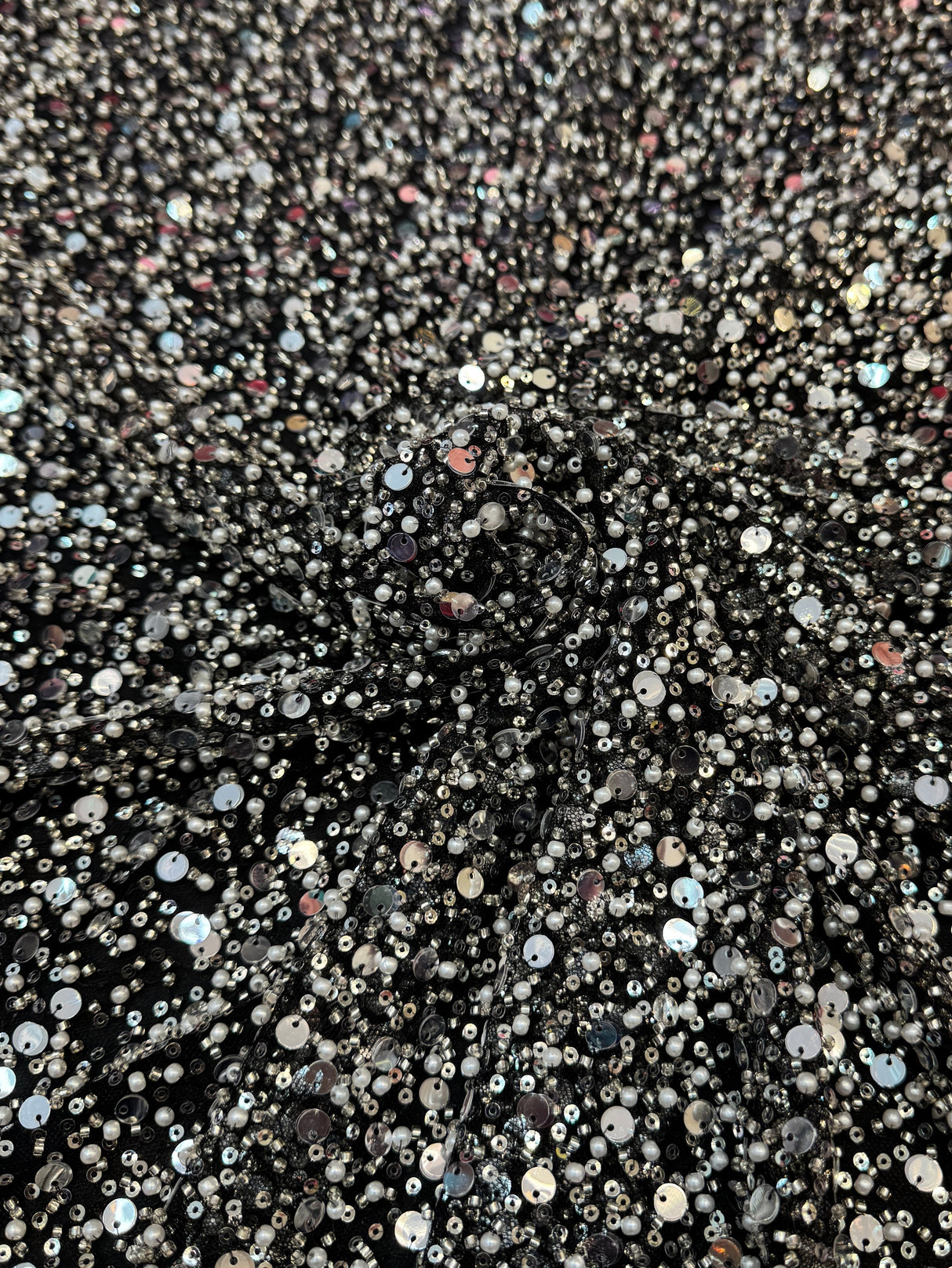Silver Beaded Sequin Pearl Mesh Lace