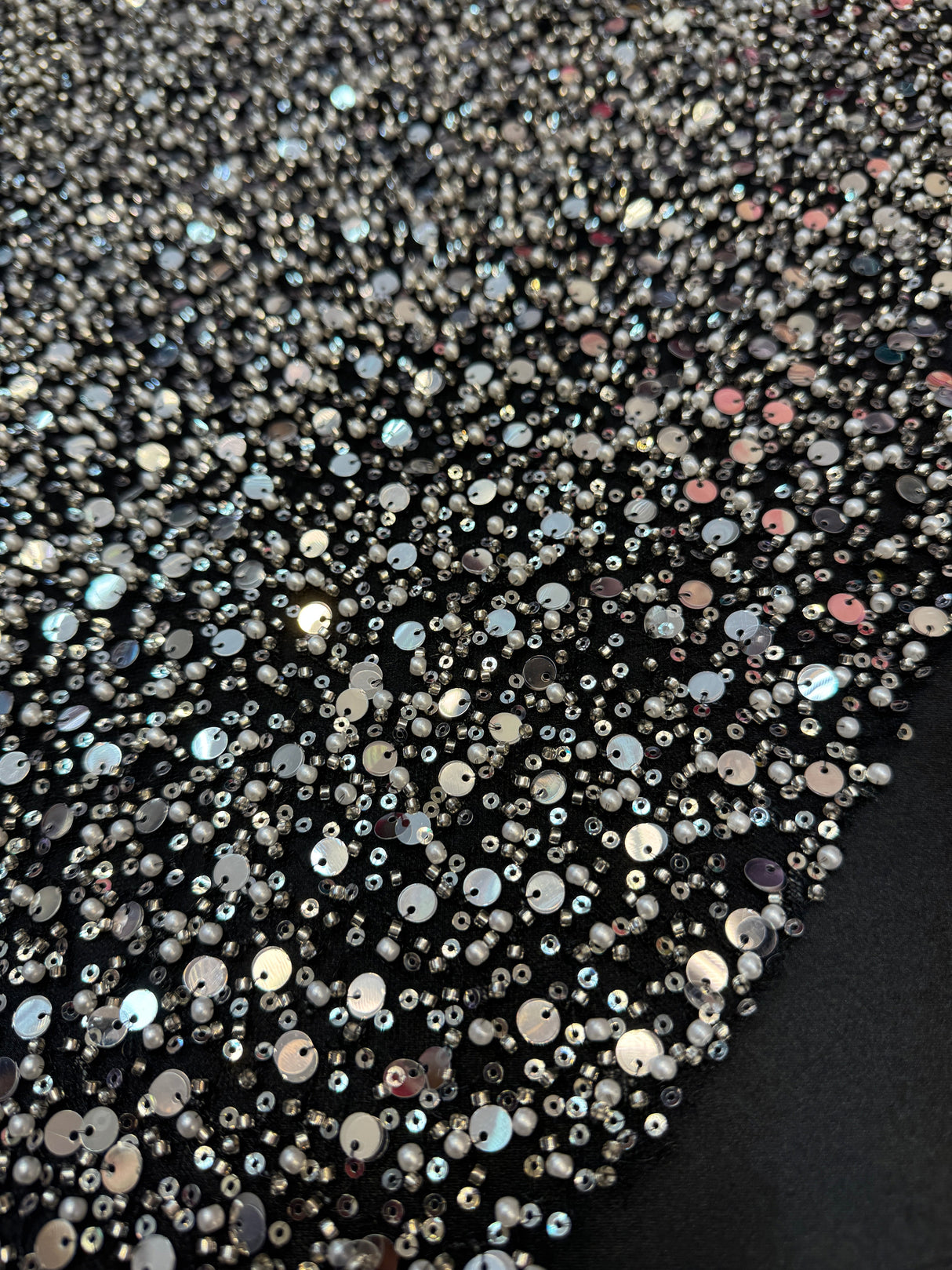 Silver Beaded Sequin Pearl Mesh Lace