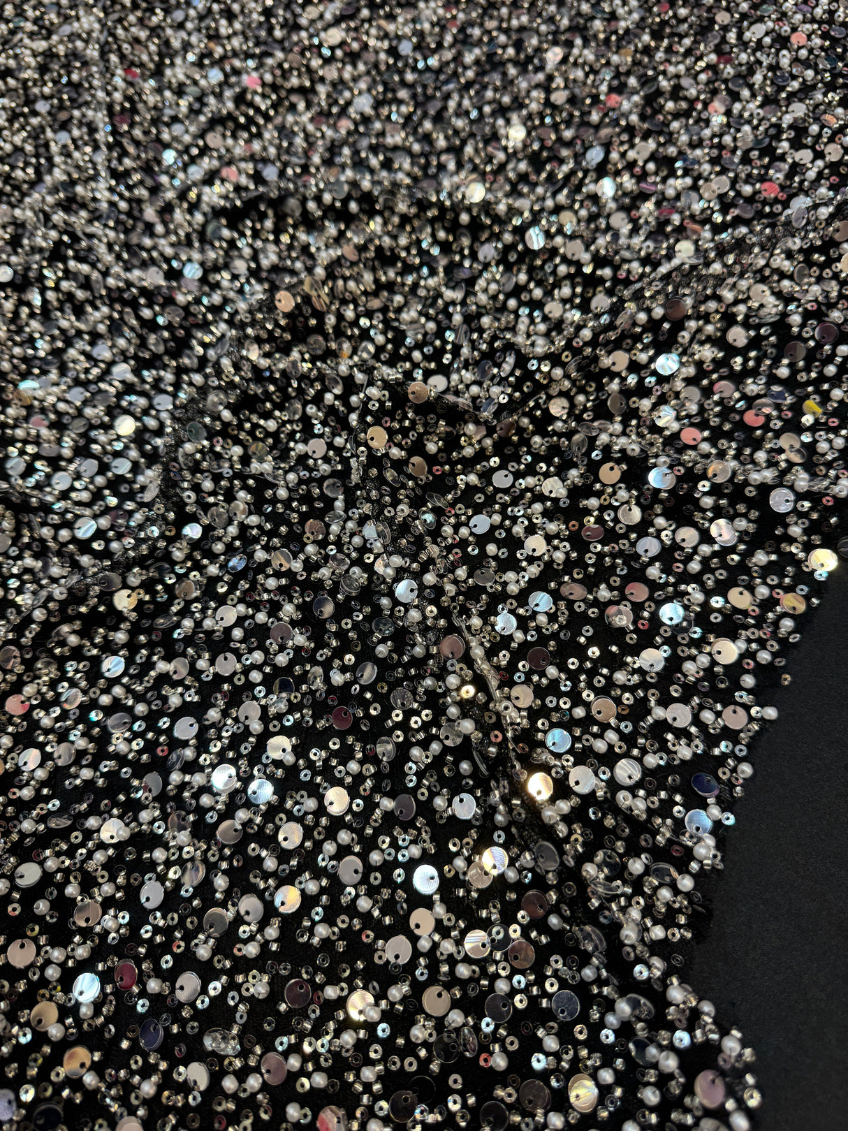 Silver Beaded Sequin Pearl Mesh Lace