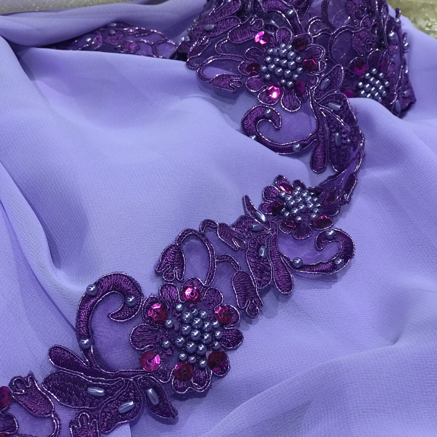 1 Yard Handmade Beaded & Corded Lace Trimming Embroidered on Polyester Organza 2 Inch Width