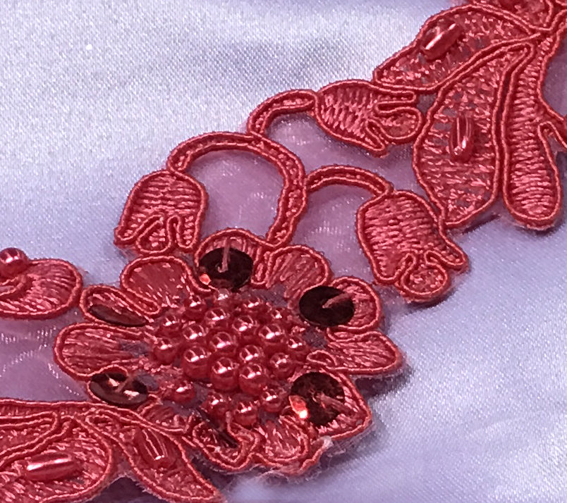 1 Yard Handmade Beaded & Corded Lace Trimming Embroidered on Polyester Organza 2 Inch Width