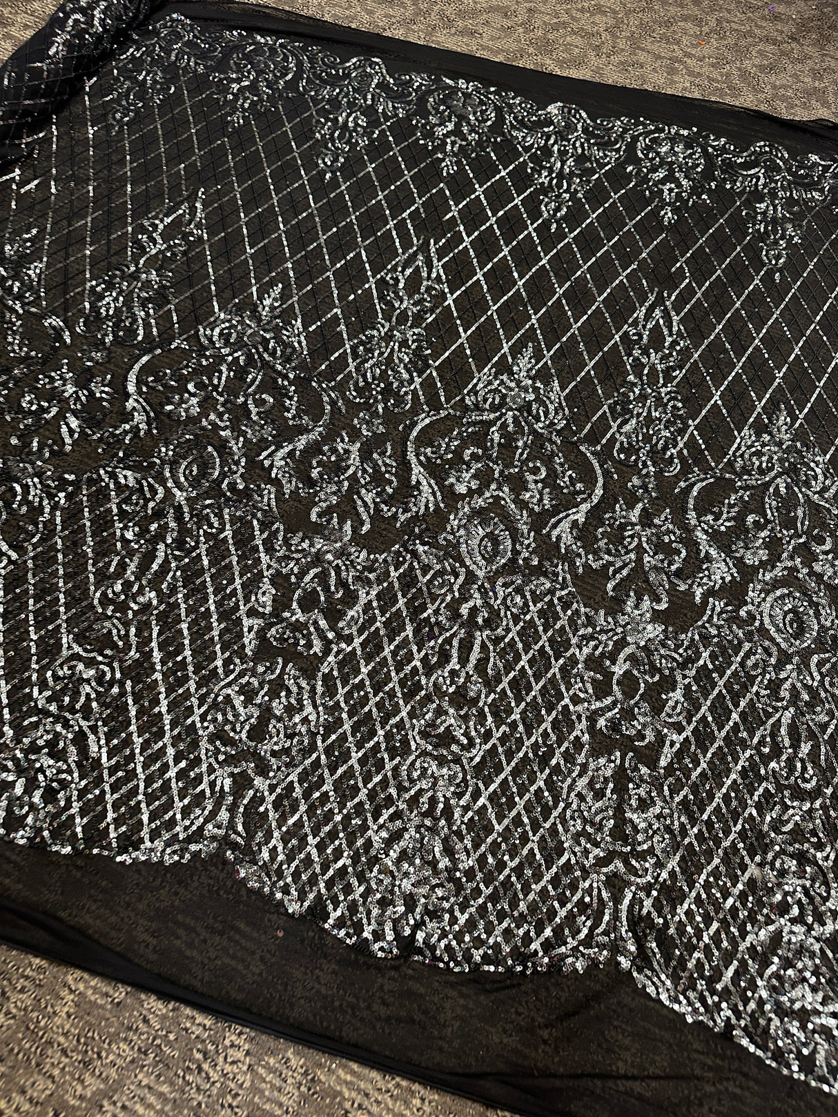 Stretch Sequin Lace on Black Mesh