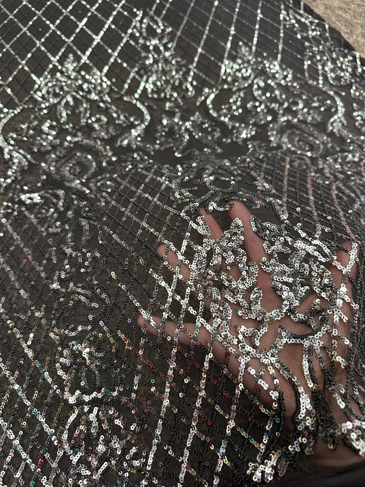 Stretch Sequin Lace on Black Mesh