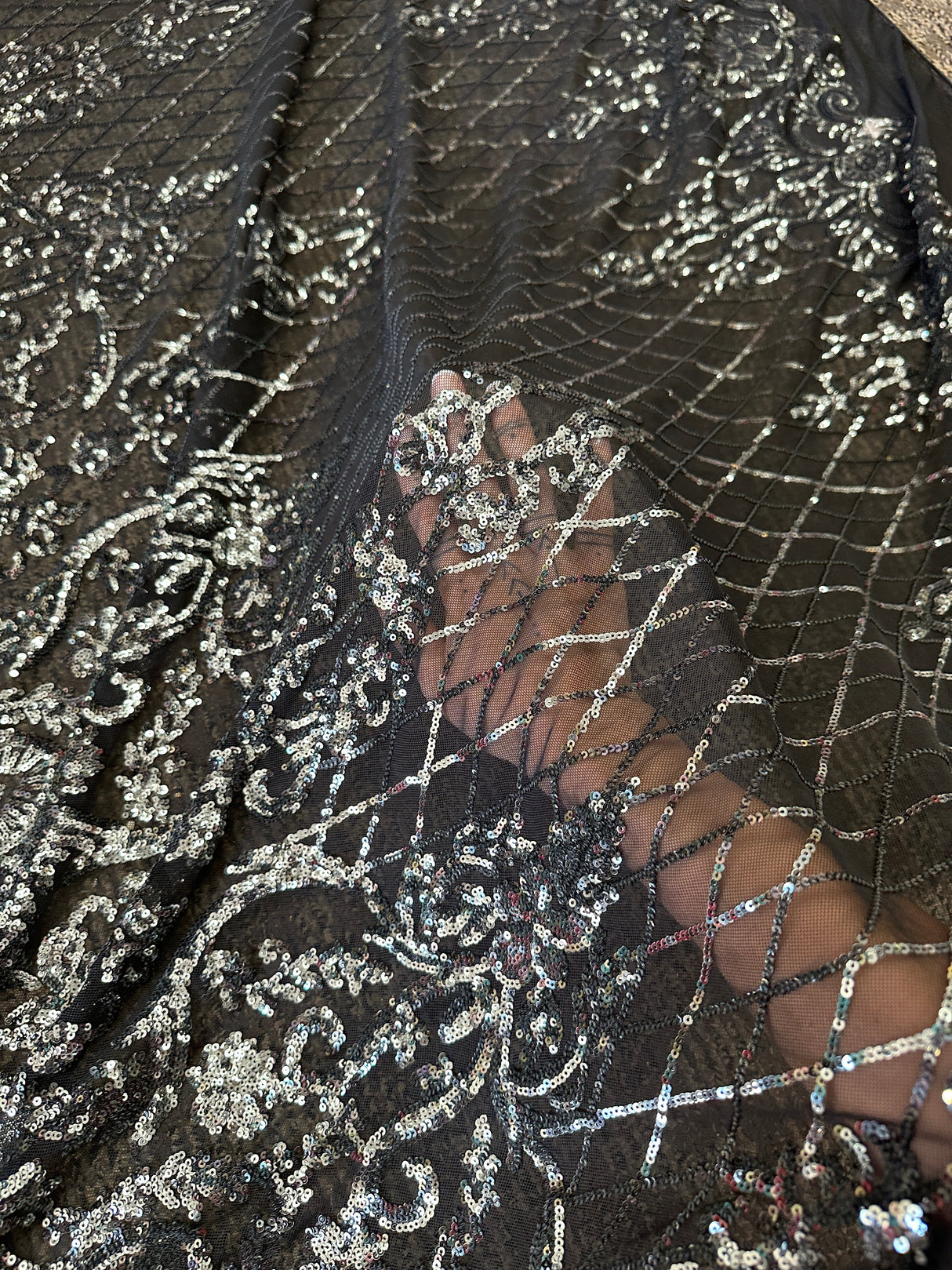 Stretch Sequin Lace on Black Mesh