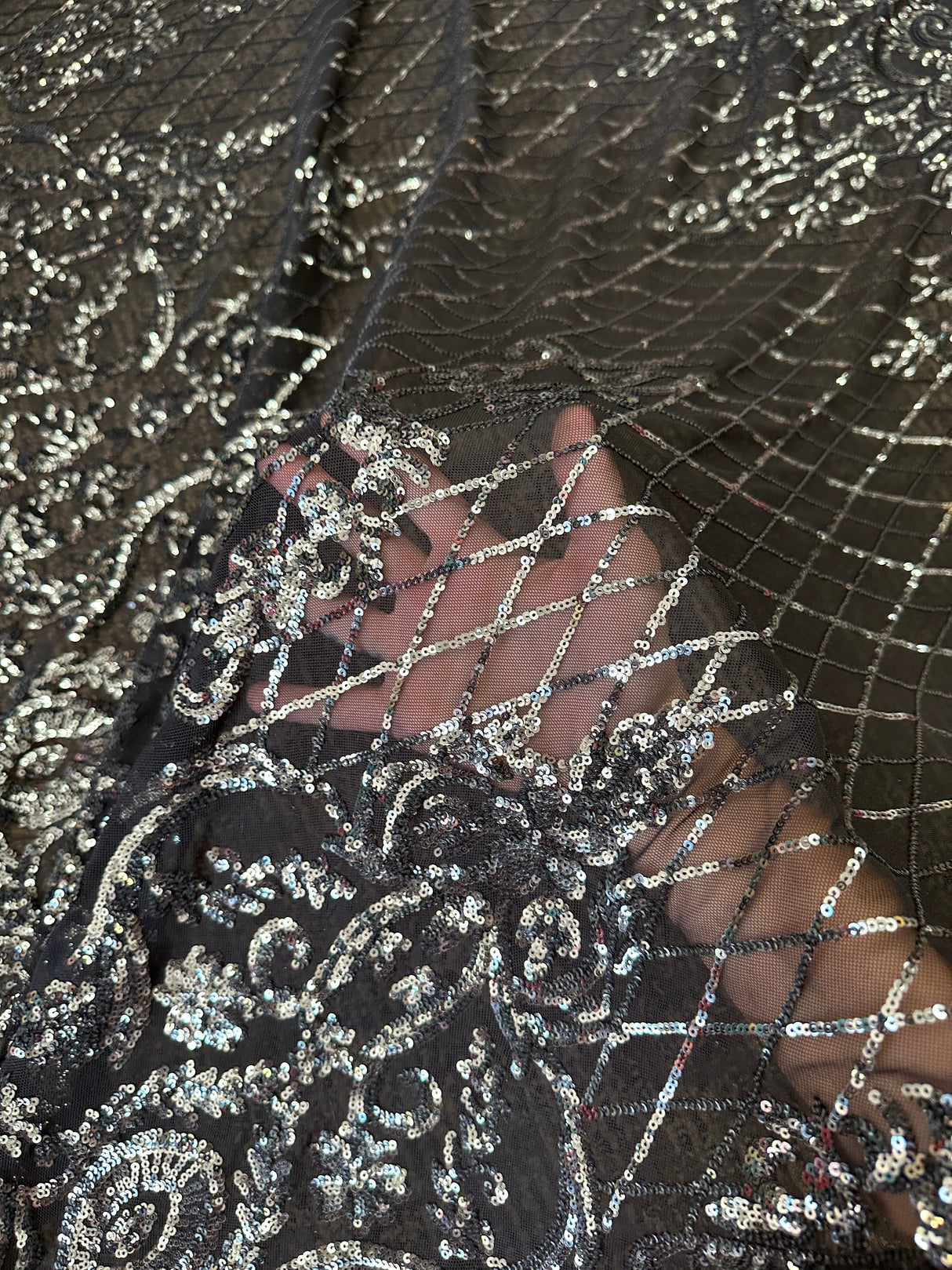 Stretch Sequin Lace on Black Mesh