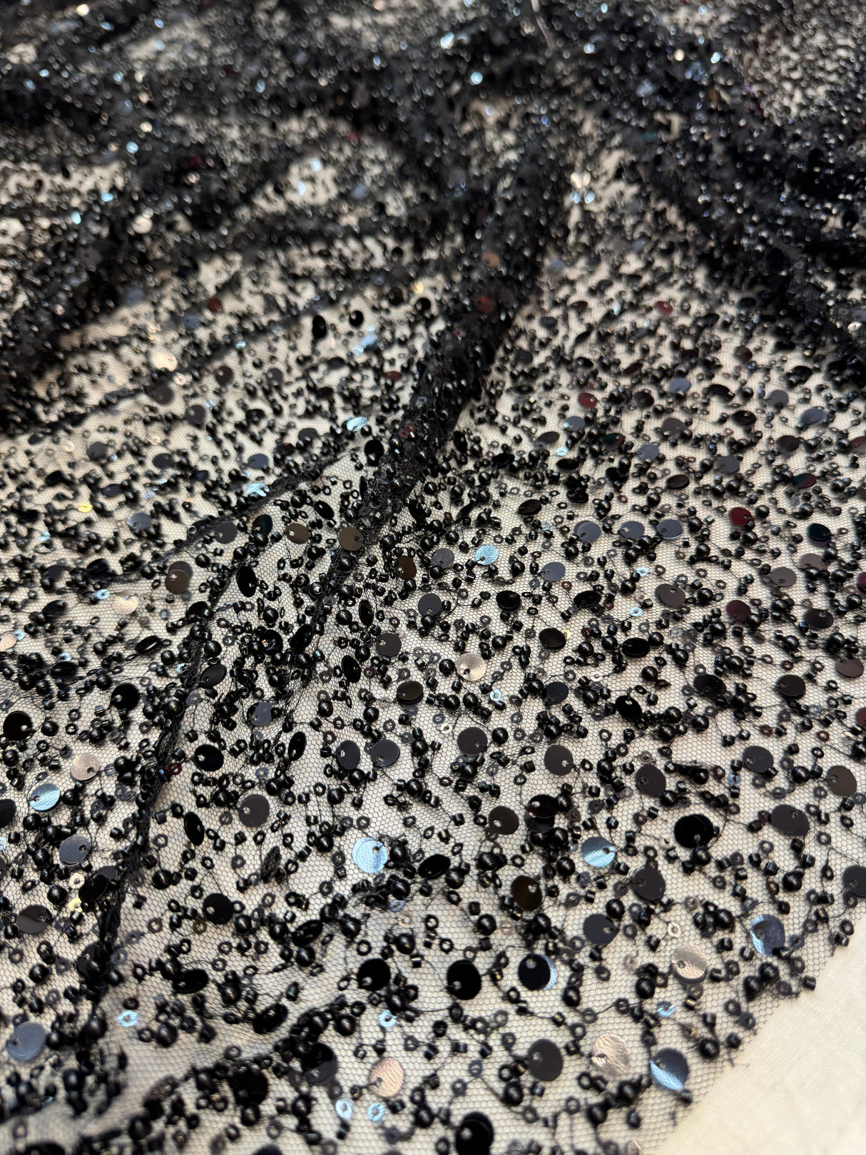 Beaded Sequin Pearl Mesh Lace Black