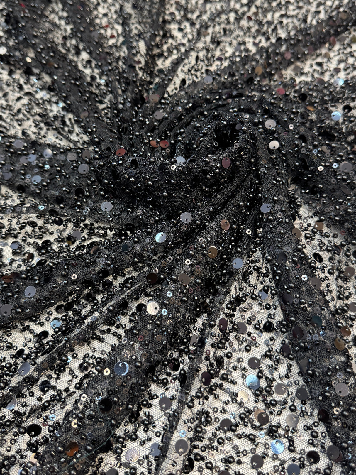 Beaded Sequin Pearl Mesh Lace Black
