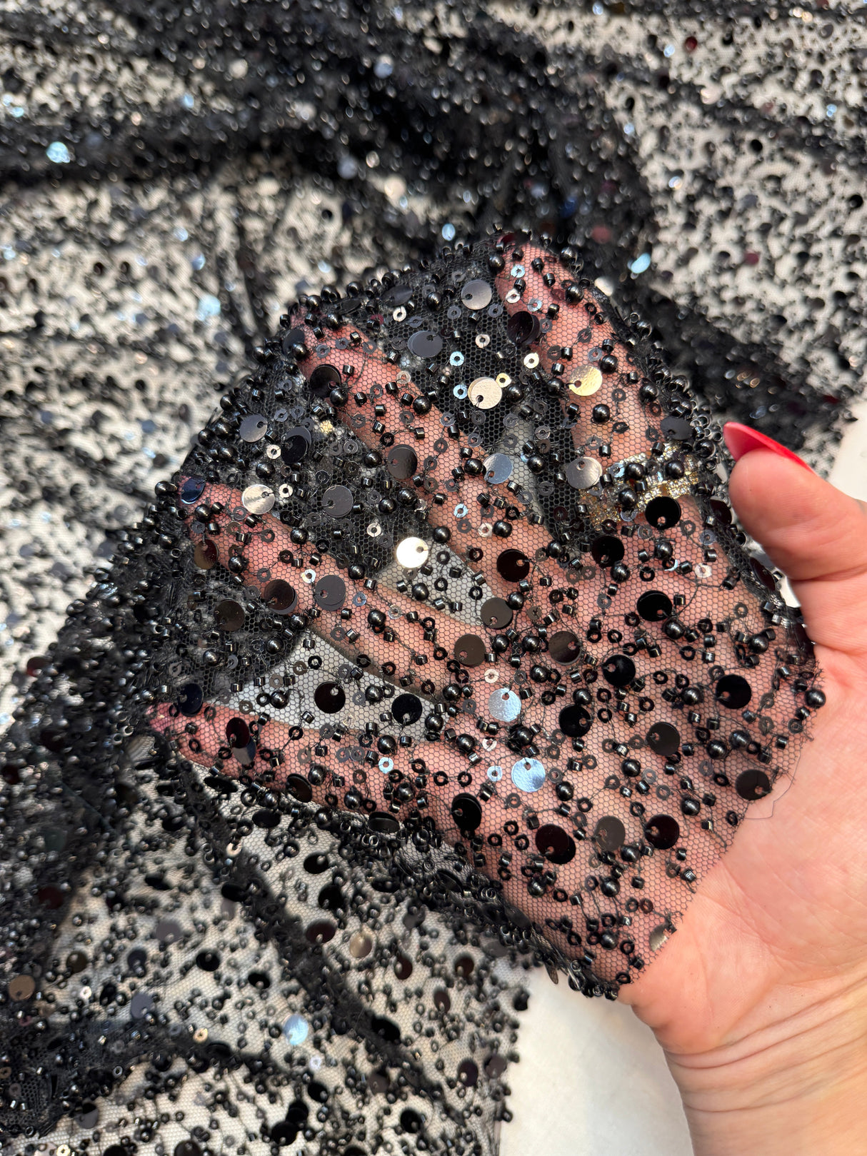 Beaded Sequin Pearl Mesh Lace Black