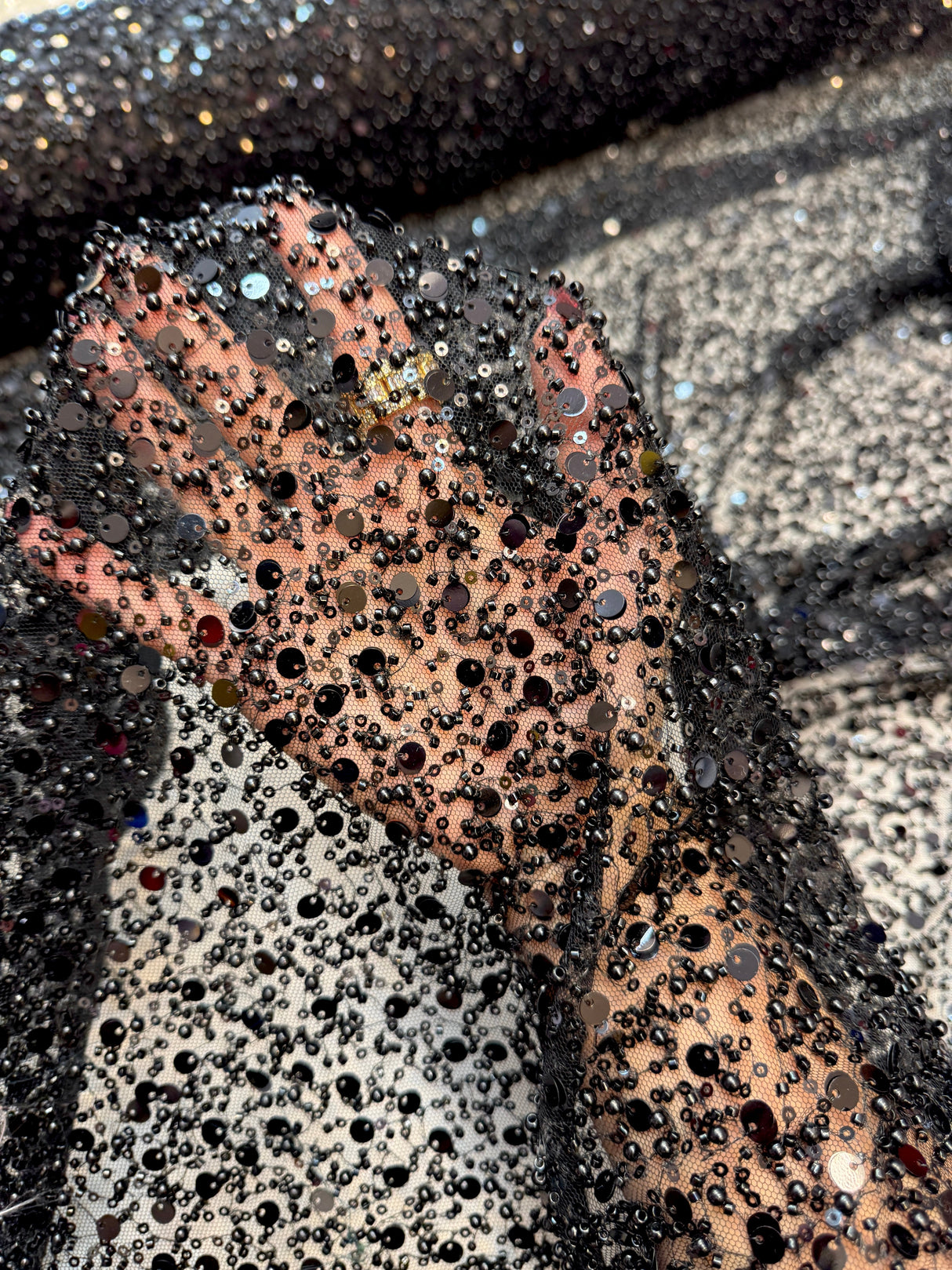 Beaded Sequin Pearl Mesh Lace Black
