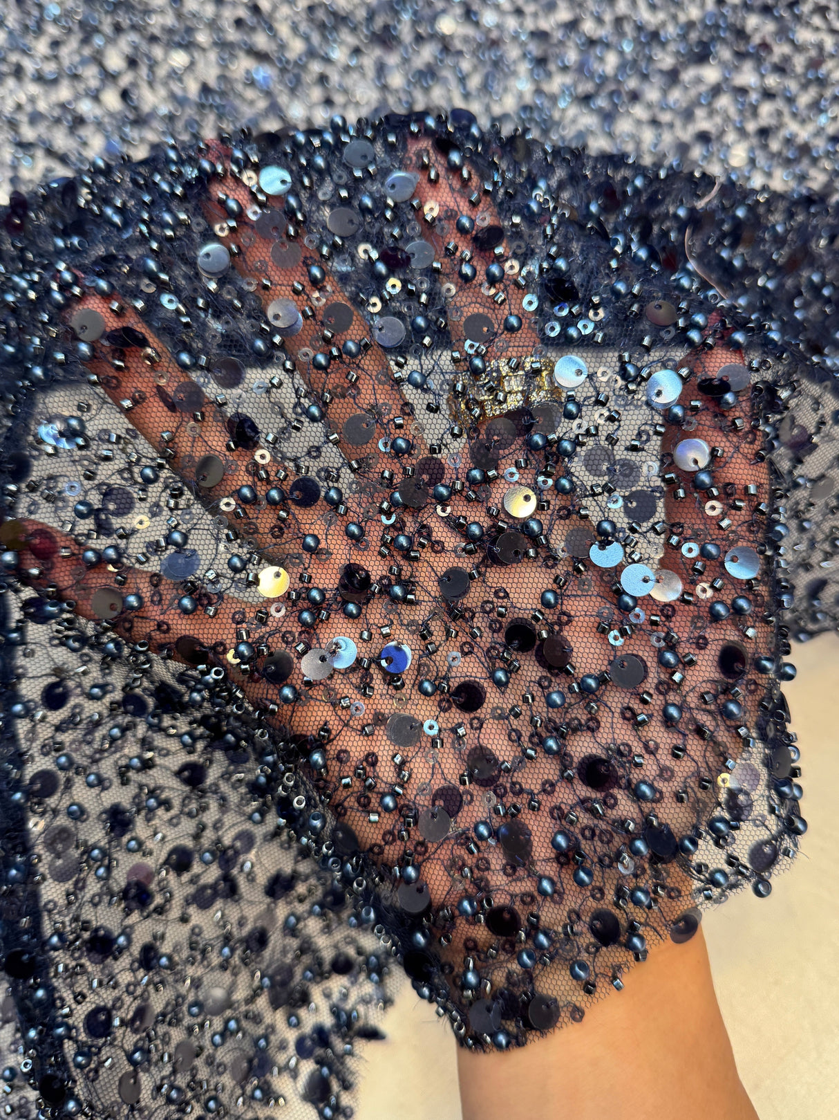 Beaded Sequin Pearl Mesh Lace Navy