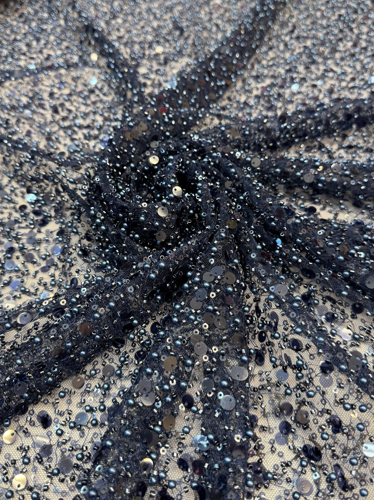 Beaded Sequin Pearl Mesh Lace Navy