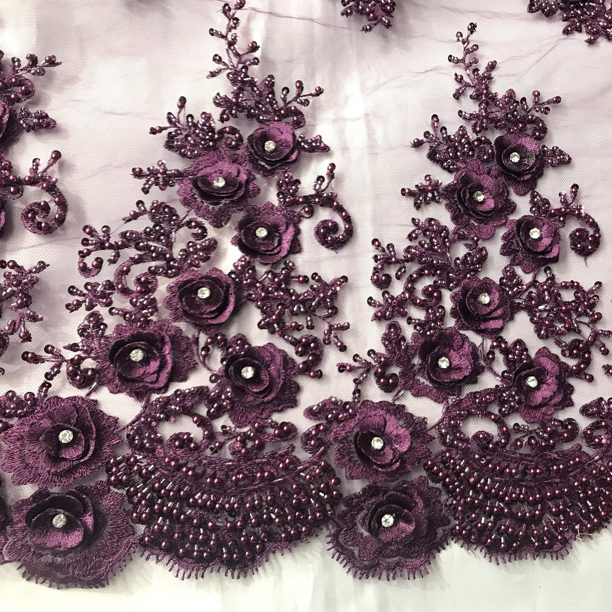 3D Floral Beaded Rhinestone Polyester Lace Fabric - Black, Silver, Pink, 3D Floral Embroidery, 54" Wide (1 Yard)