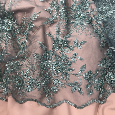 1 Yard Elegant Beaded Floral Lace Fabric Embroidered on 100% Polyester Net Mesh – Silver – 51"