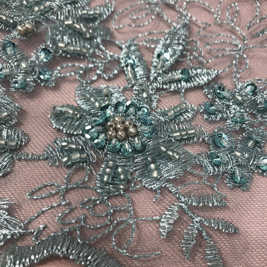1 Yard Beaded Floral Lace Fabric Embroidered on Polyester Net Mesh 51 inch Width