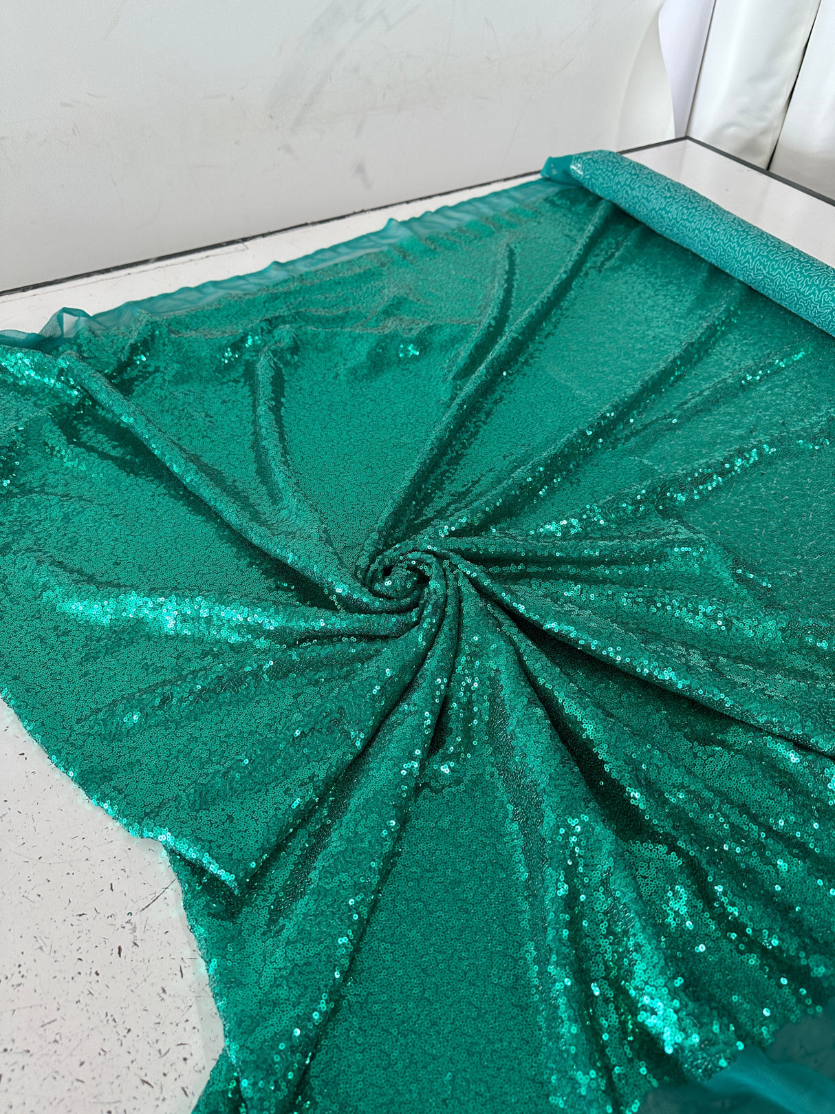 Stretch Sequin on Mesh Teal Green