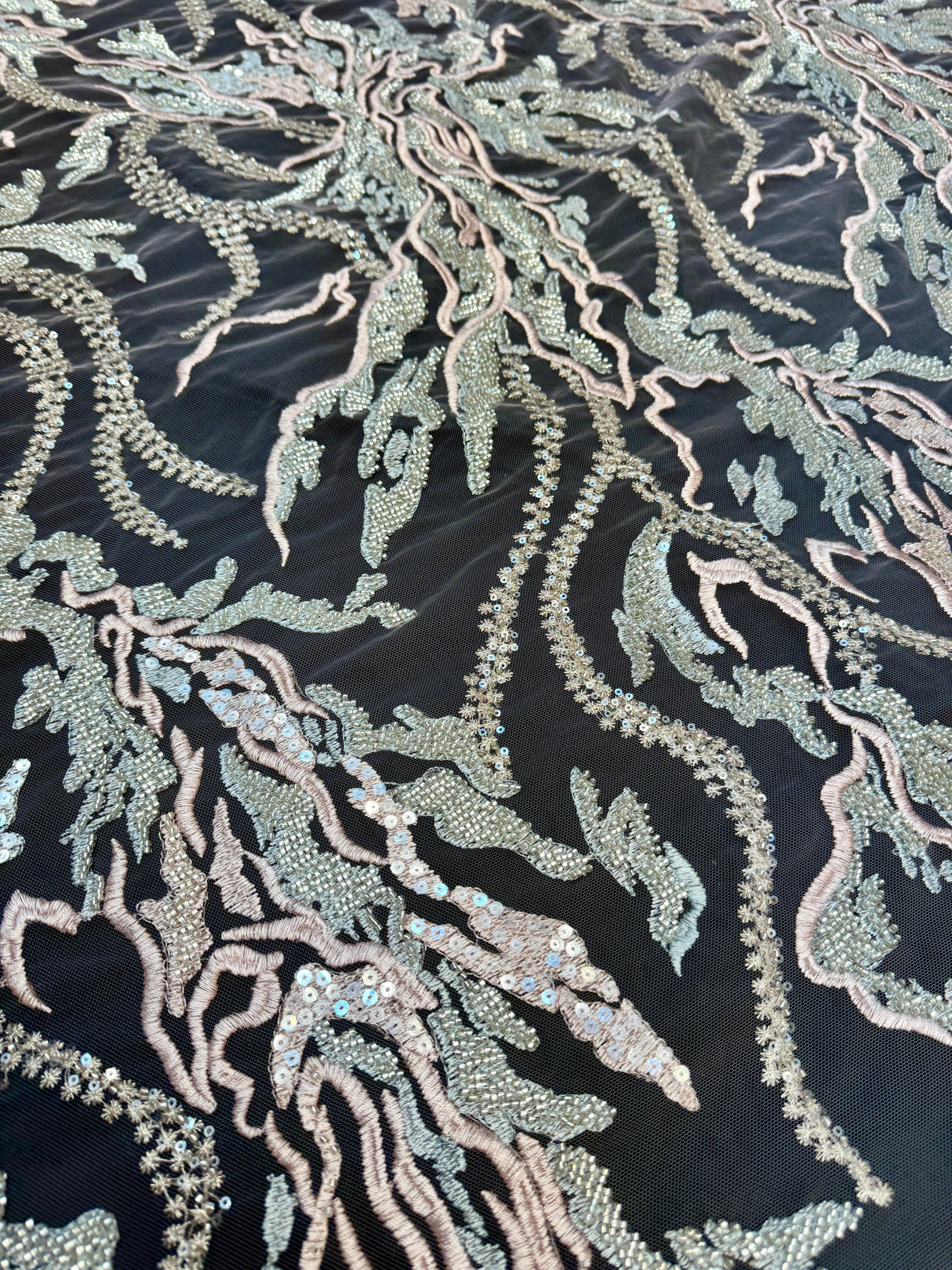 Beaded Sequin Lace Blush-Mint Abstract Leaf