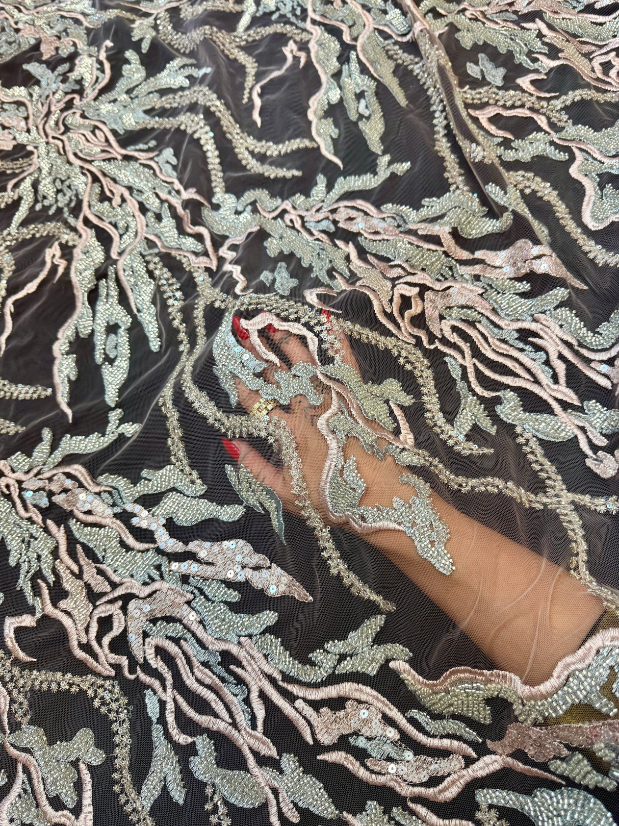 Beaded Sequin Lace Blush-Mint Abstract Leaf