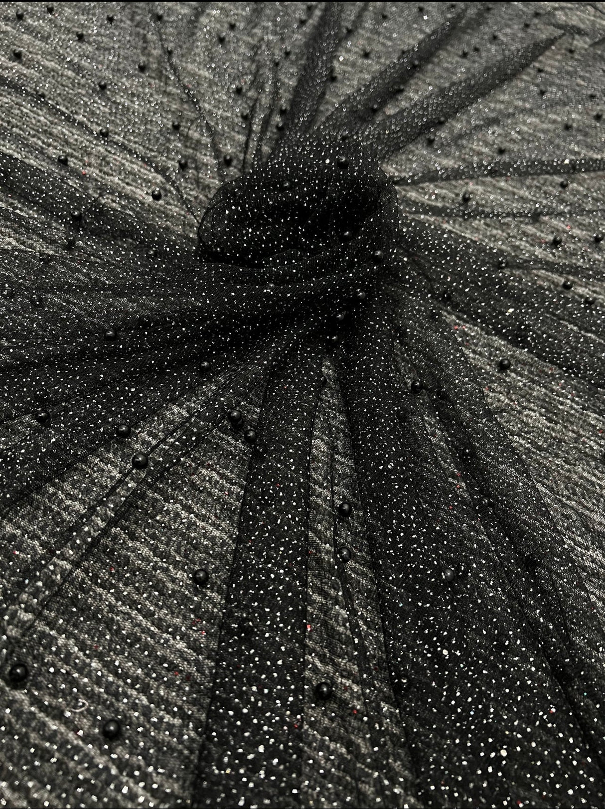 Black Pearl Beaded Glittery Mesh Tulle