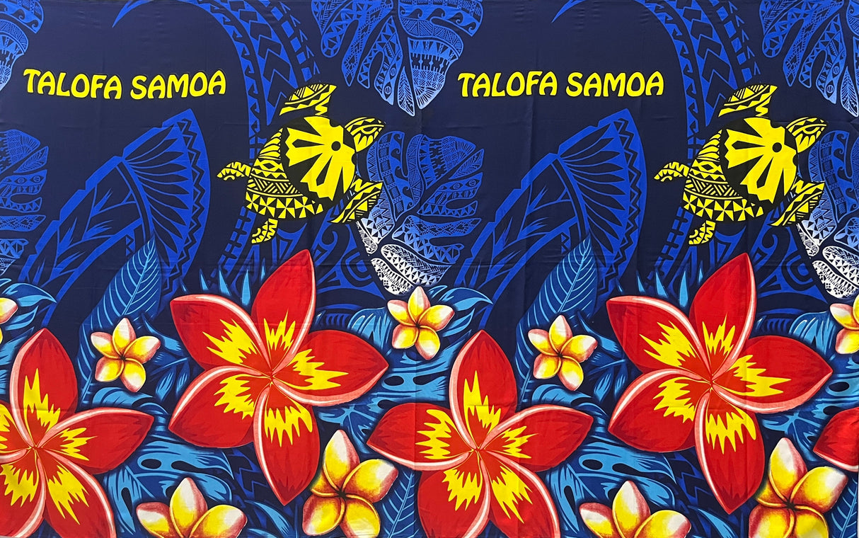 Talofa Samoa Plumeria Flower Polyester Fabric - Tribal Tattoo, Monstera Leaves, Plumeria Flower Border, 72" L X 45" W (1 Piece)
