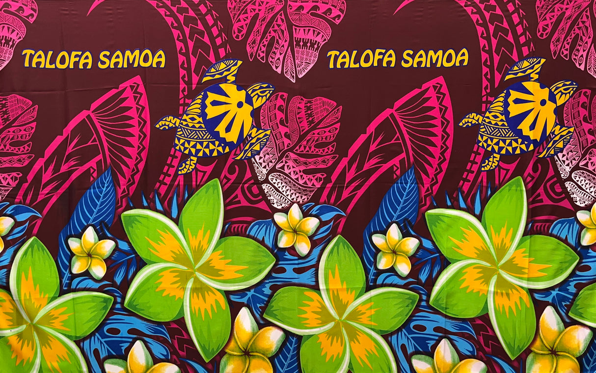 Talofa Samoa Plumeria Flower Polyester Fabric - Tribal Tattoo, Monstera Leaves, Plumeria Flower Border, 72" L X 45" W (1 Piece)