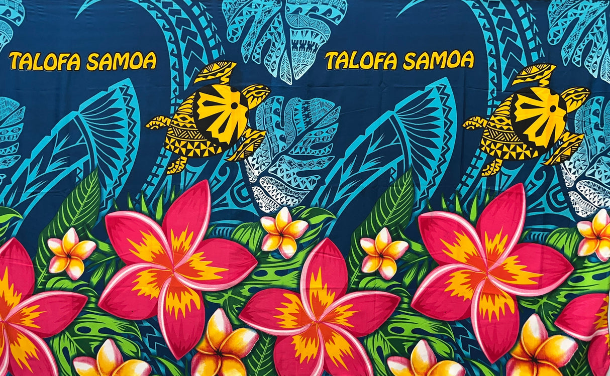 Talofa Samoa Plumeria Flower Sarong Polyester Fabric - Tribal Tattoo Design, Monstera Leaves, Plumeria Flower Border, 72" L X 45" W (1 Piece)