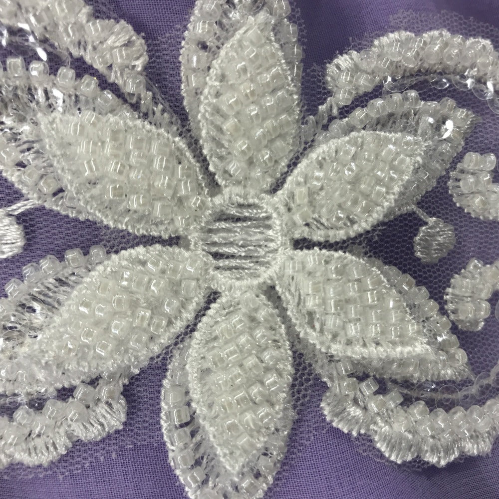 Beaded Floral Lace Trimming White