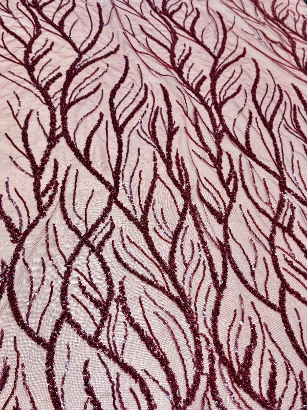 Beaded Sequin Lace on Mesh Burgundy