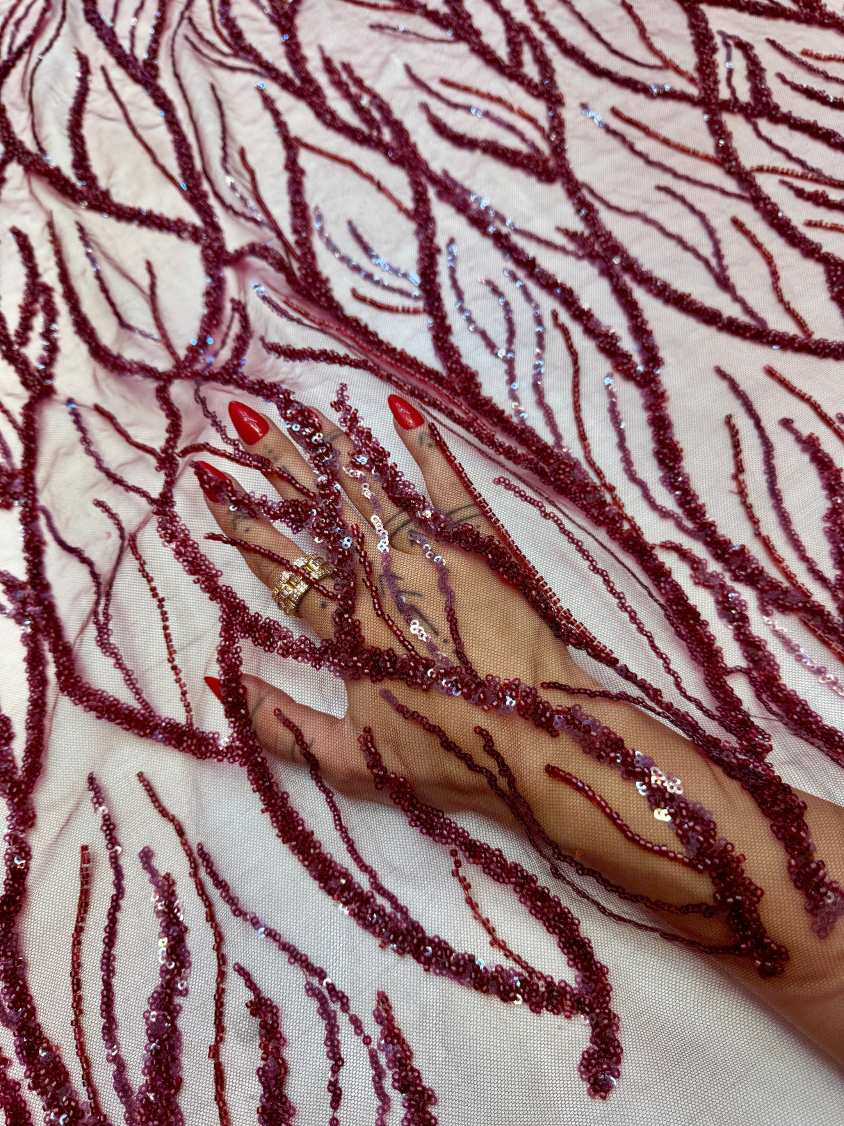 Beaded Sequin Lace on Mesh Burgundy