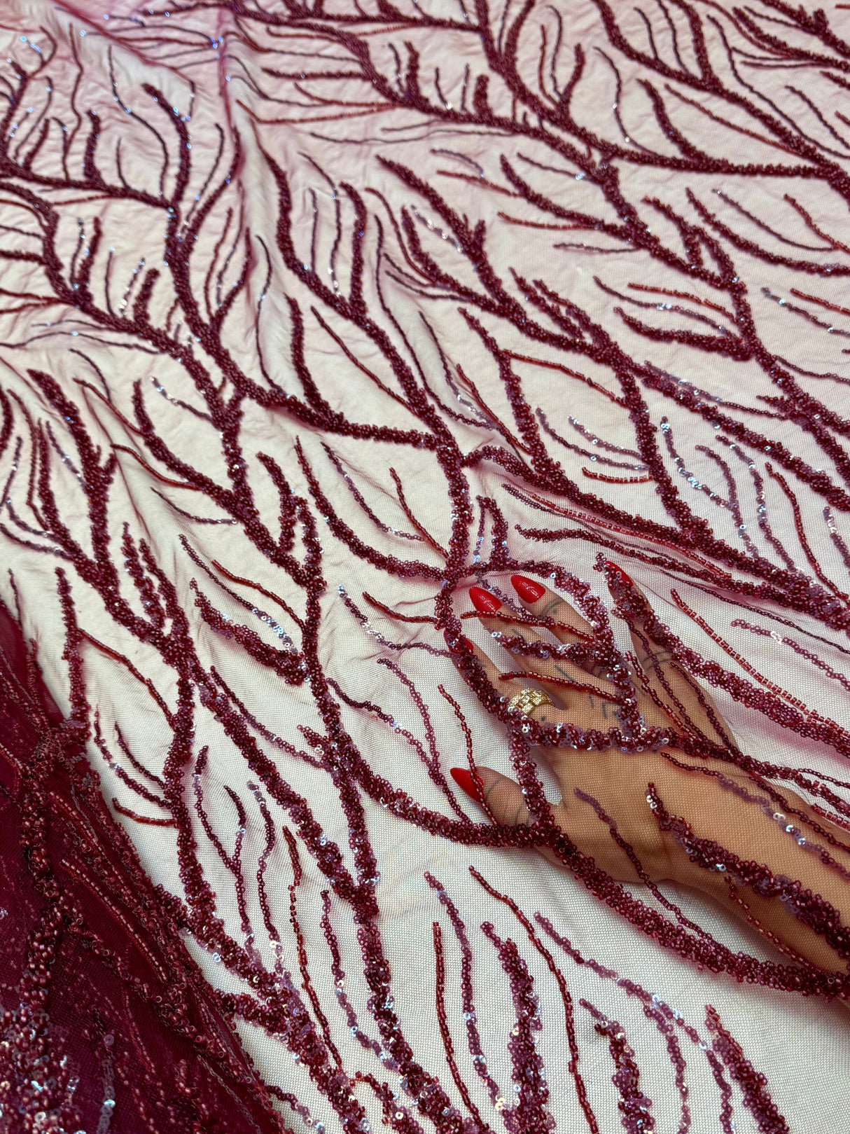 Beaded Sequin Lace on Mesh Burgundy