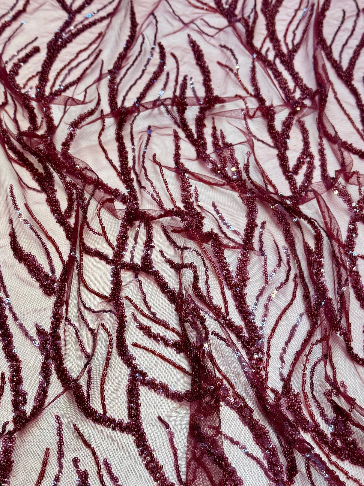 Beaded Sequin Lace on Mesh Burgundy